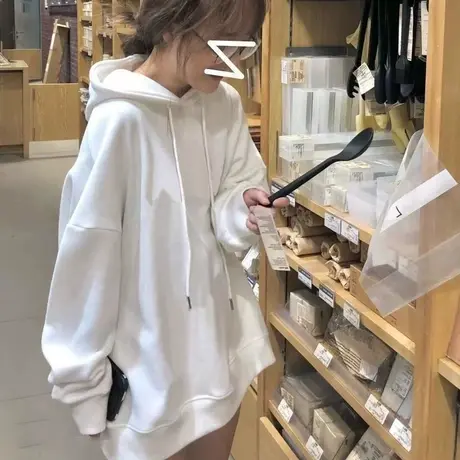 白色连帽卫衣女2024爆款时尚洋气百搭韩版大版宽松bf套头外套秋款图片