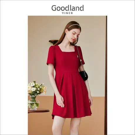 【醋酸系列】Goodland美地女装2023夏季方领压褶礼服裙连衣裙图片