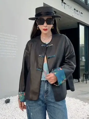 2024春秋新款国风仿真皮黑色皮衣女盘扣夹克复古宽松显瘦长袖外套商品大图