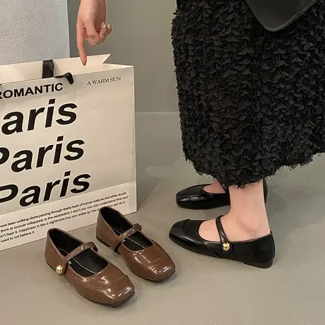 浅口单鞋女2024新款玛丽珍小香风一字扣平跟软底瓢鞋工作鞋女黑色商品大图