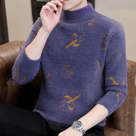 水貂绒毛衣男士韩版潮流秋冬季半高领针织衫青年长袖打底衫男装商品大图