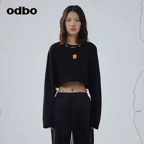 odbo/欧迪比欧时尚设计感小众抽褶黑色长袖T恤女春季新款短款卫衣商品大图