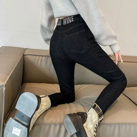黑色高腰显瘦牛仔紧身长裤女春秋2024年新款修身小脚复古铅笔裤子商品大图