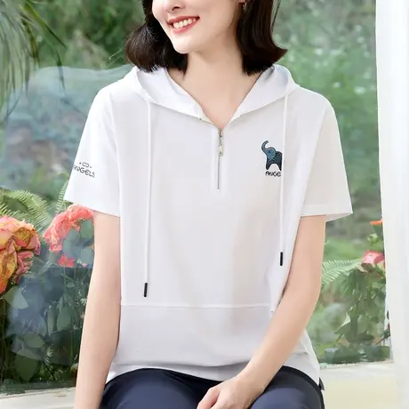 休闲连帽t恤女夏装短袖时髦宽松休闲上衣重工刺绣大码女装体恤衫商品大图