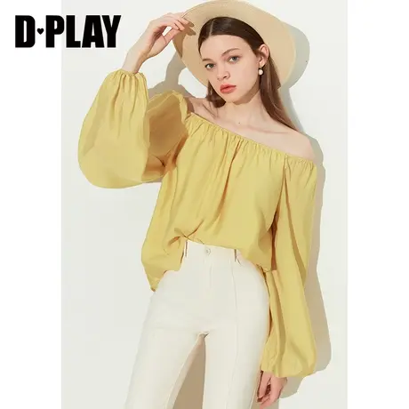 DPLAY2023秋装慵懒感简约休闲柠檬黄一字肩两穿灯笼袖度假风上衣图片