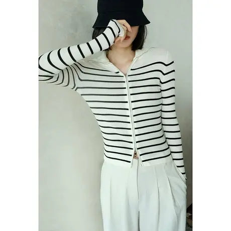 2024春夏新款超薄超细羊毛条纹针织衫贴肤透气长袖高弹力针织衫女商品大图