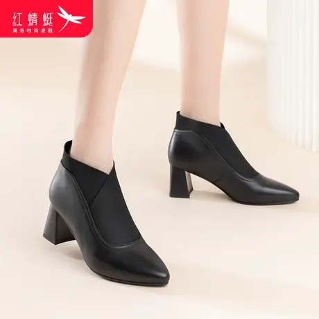 红蜻蜓冬季简约尖头女短靴2023年新款女鞋休闲粗跟时尚中年妈妈鞋商品大图
