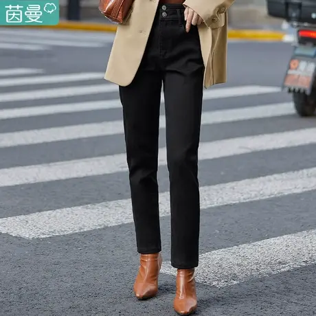 茵曼黑色牛仔裤女春装2024年新款高腰直筒裤子小脚修身别致铅笔裤图片