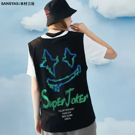 木村三社笑脸印花打底衫外穿男背心高街网红爆款潮流男装无袖t恤图片