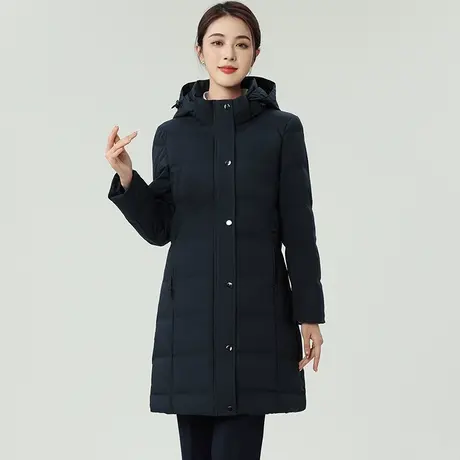 冬季黑色羽绒服女中长款棉服连帽藏青职业移动工装加绒加厚工作服图片