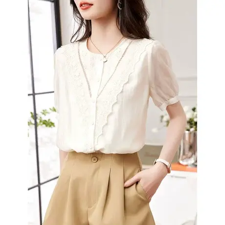 时尚气质温柔短袖衬衫2023年夏季新款淑女甜美宽松显瘦通勤上衣商品大图