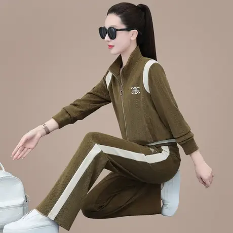 灯芯绒休闲运动套装女秋冬2023新款中年妈妈直筒裤立领外套两件套图片