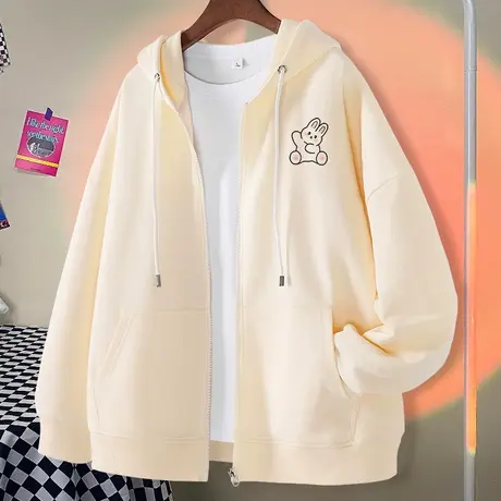米色秋季开衫卫衣女2023新款春秋款薄款女装连帽拉链外套女士上衣商品大图
