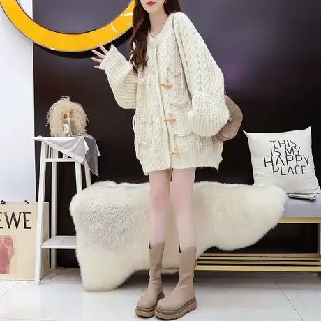 慵懒风毛衣开衫女中长款2023新款秋冬洋气百搭宽松设计感针织外套图片