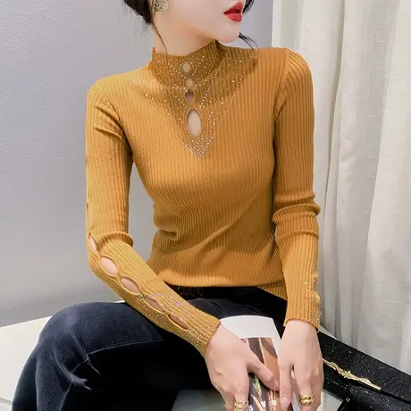 时尚钉珠烫钻拼接上衣性感镂空半高领打底衫洋气修身减龄针织小衫商品大图