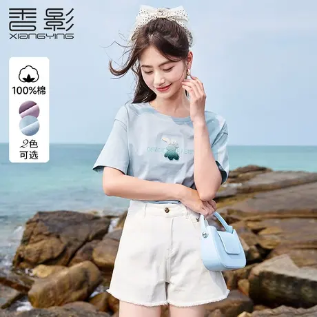 香影短袖t恤女2023夏装新款休闲时尚潮宽松兔子字母圆领蓝色上衣图片