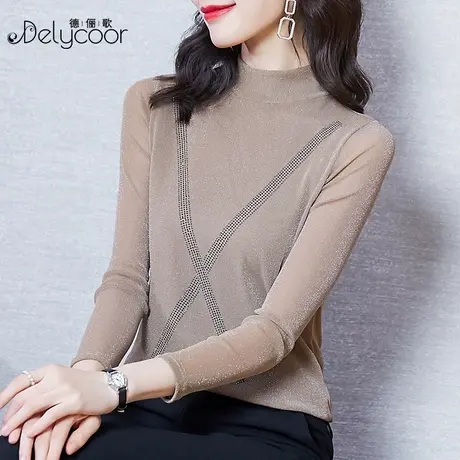 网纱打底衫女春秋2023新款洋气高领厚款蕾丝内搭上衣修身亮丝小衫商品大图