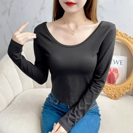纯棉双u领露脐短款长袖气质显瘦t恤女秋冬百搭洋气打底衫上衣体恤商品大图