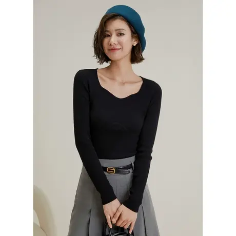 弥古法式方领打底t恤女长袖黑色修身毛衣针织衫上衣显瘦秋冬内搭商品大图