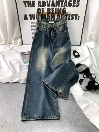 复古磨白牛仔阔腿裤女2023秋季新款显瘦百搭高腰抽绳宽松哈伦长裤商品大图