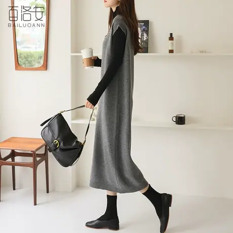 百洛安中长款针织马甲女背心秋装新款气质V领宽松显瘦无袖连衣裙图片