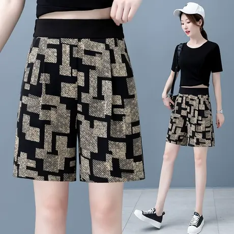 网红爆款五分裤女薄款夏季2023高腰阔腿冰丝花短裤休闲直筒沙滩裤图片