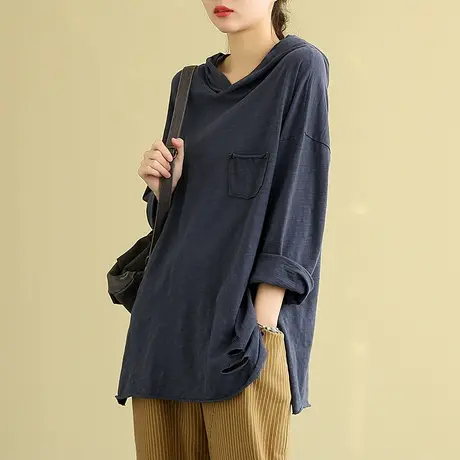 DZA宽松文艺纯色连帽t恤女宽松休闲全棉上衣秋季2022新款长袖小衫商品大图