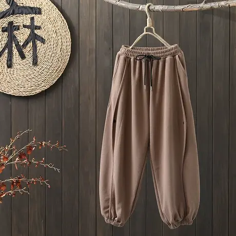 枫谜2022年春季新款文艺复古华夫格卫裤女宽松全棉束脚裤哈伦裤图片