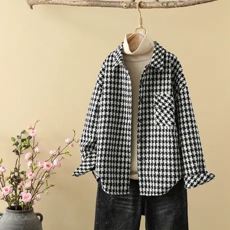 秋冬小众叠穿加绒加厚千鸟格子衬衫外套女长袖毛呢子打底上衣内搭商品大图