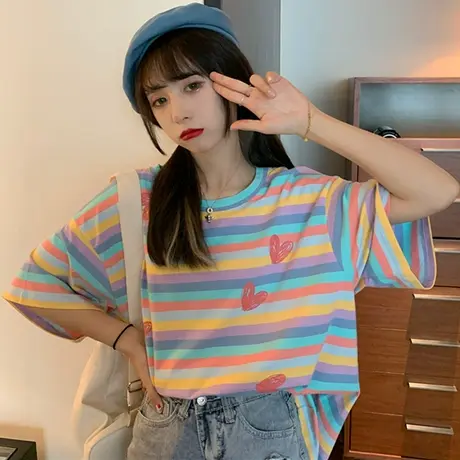 条纹短袖t恤女夏季设计感小众宽松韩版ins潮原宿风chic港味上衣服商品大图