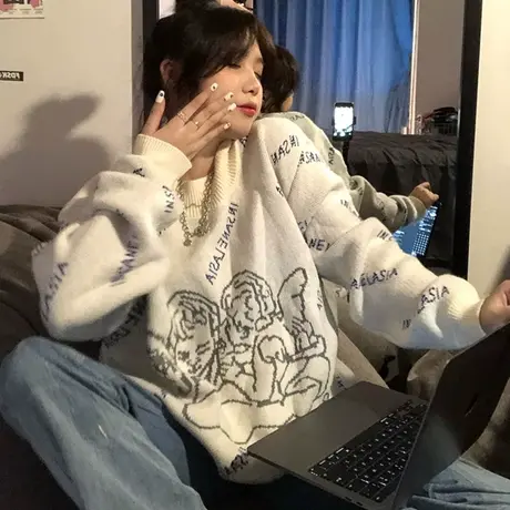 针织衫毛衣女春秋复古日系宽松韩版套头外穿ins慵懒风小个子外套图片