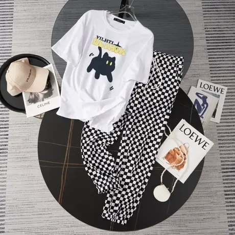 纯棉运动服套装女2023新款夏季时尚洋气短袖长裤小个子休闲两件套商品大图