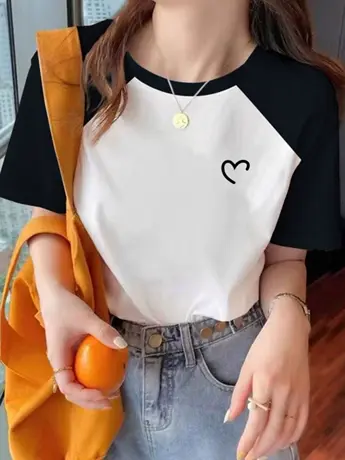 情侣装仿棉短袖t恤女2023夏季新款小众设计感撞色正肩显瘦上衣服商品大图