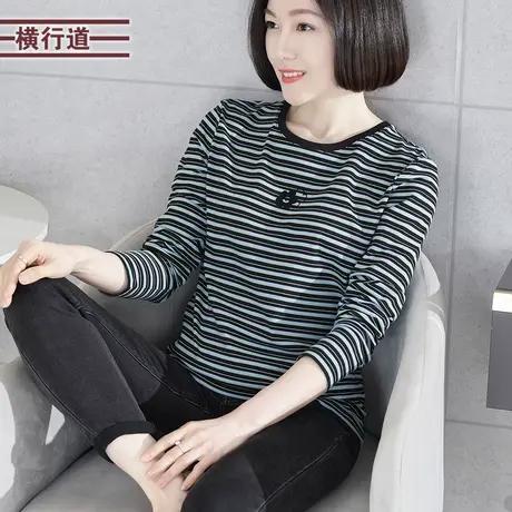 圆领印花条纹宽松长袖T恤女装休闲大码宽松2023新款冬装打底上衣商品大图