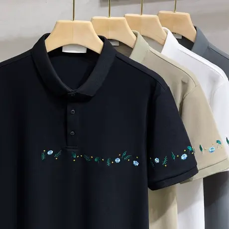 男士polo衫短袖2023新款潮流碎花刺绣高级感男装t恤有领上衣潮牌商品大图