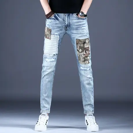 男士刺绣破洞补丁牛仔裤男款秋款2023欧洲站高街潮牌修身小脚裤子商品大图