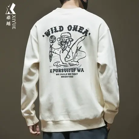 希越圆领趣味印花卫衣男2023秋季新款宽松大码340g重磅内搭打底衫商品大图