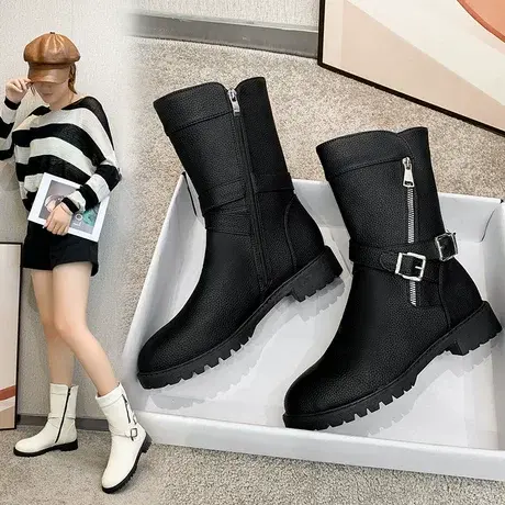 英伦风长筒靴女2023新款皮带扣厚底马丁靴中筒骑士靴春秋季防滑图片