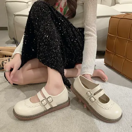 复古英伦风小皮鞋女2023秋季新款圆头软妹风萝莉透气一字扣带单鞋图片