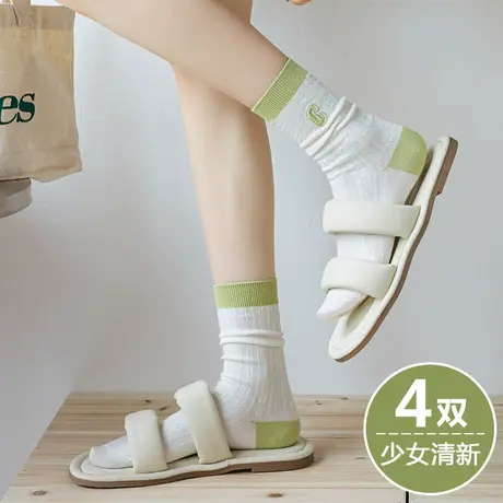 绿色白色袜子女春秋款中长筒潮堆堆棉袜搭配板鞋小白鞋运动鞋穿的商品大图