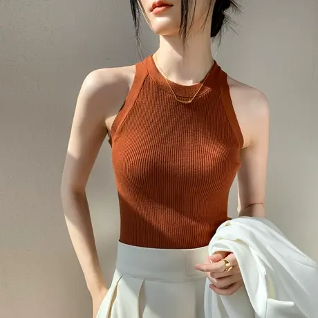 挂脖式纯色针织吊带背心女2023春夏新款内搭外穿无袖打底上衣女图片