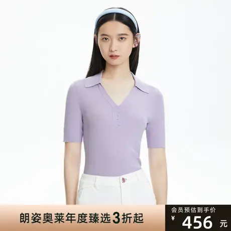 LANCY/朗姿短袖针织T恤夏季新款薄翻领短款女士商场同款商品大图
