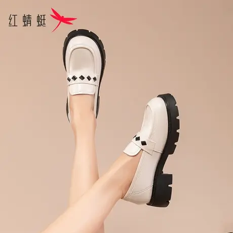 红蜻蜓鞋子女厚底乐福鞋2023年秋冬新款一脚蹬女鞋百搭复古小皮鞋商品大图