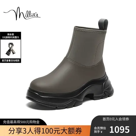 【双11预售】妙丽23冬新款羊皮潮酷拼接厚底弹力靴女短靴81806DD3商品大图