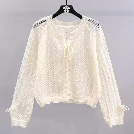 V领镂空短款针织开衫外套女夏季2023新款宽松设计感系带防晒上衣商品大图