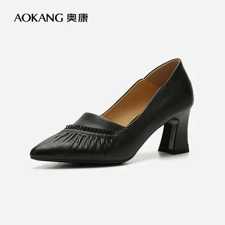 【门店发货】奥康女鞋 2022秋季新款尖头粗跟高跟鞋工作真皮皮鞋图片