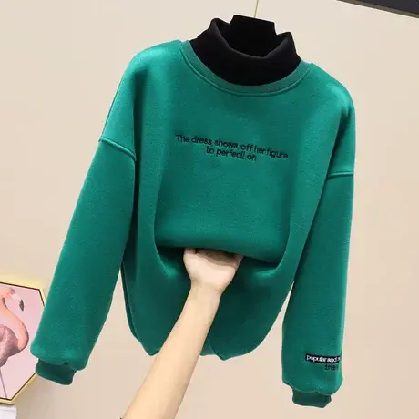 撞色高领假两件卫衣女加绒加厚2023冬新款韩版字母上衣宽松休闲商品大图