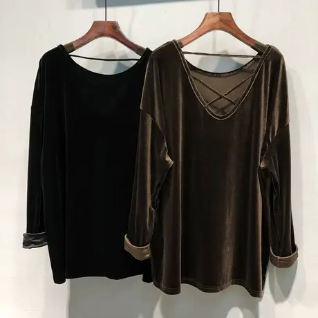 2023秋装韩国ulzzang新款后背交叉带子宽松漏背丝绒美背长袖T恤女商品大图