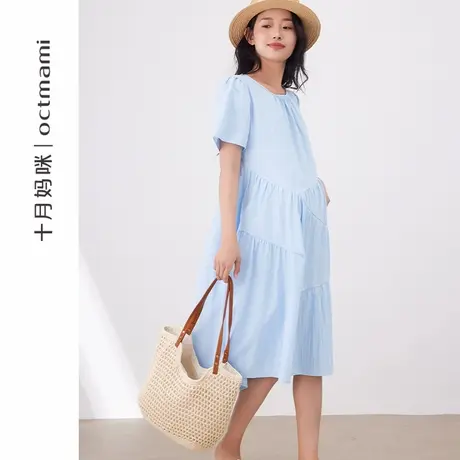 十月妈咪孕妇连衣裙2025新款夏季薄款宽松裙摆分割短袖裙子夏装图片