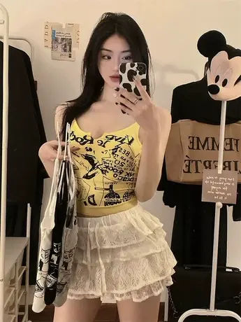 美式性感辣妹朋克印花吊带小背心女夏季别致内搭无袖外穿短款上衣图片